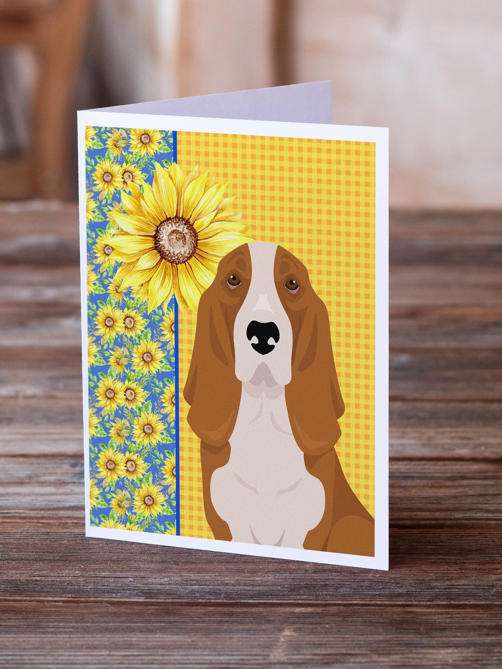Summer Sunflowers Red and White Tricolor Basset Hound Greeting Cards Pack of 8 Blank Cards with Envelopes Whimsical A7 Size 5x7