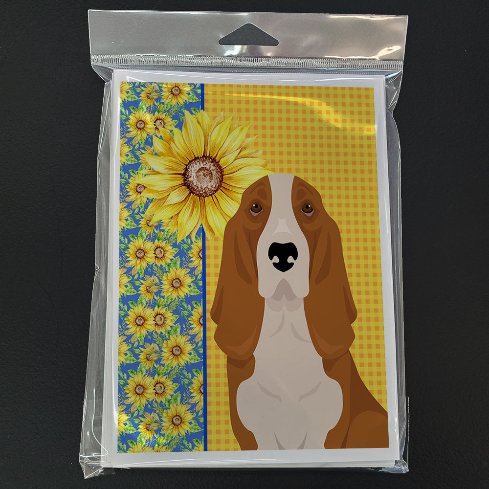 Summer Sunflowers Red and White Tricolor Basset Hound Greeting Cards Pack of 8 Blank Cards with Envelopes Whimsical A7 Size 5x7