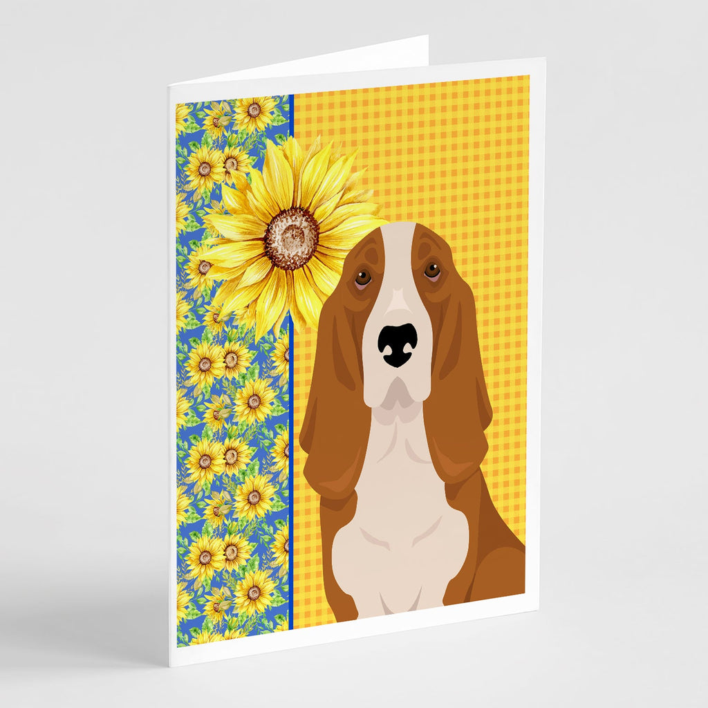 Summer Sunflowers Red and White Tricolor Basset Hound Greeting Cards Pack of 8 Blank Cards with Envelopes Whimsical A7 Size 5x7