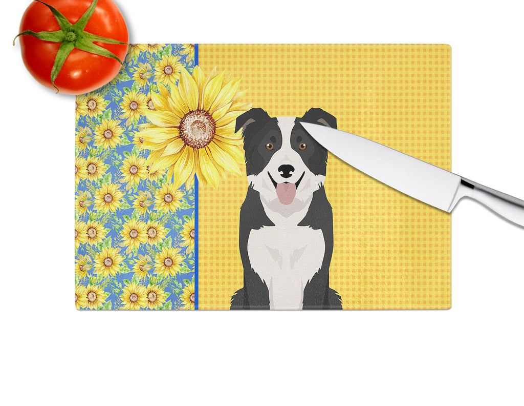 Summer Sunflowers Black and White Border Collie Cutting Board Tempered Glass Kitchen Cutting Surface, Heat Resistant Chopping, Non-Slip Feet, Food Prep & Serving