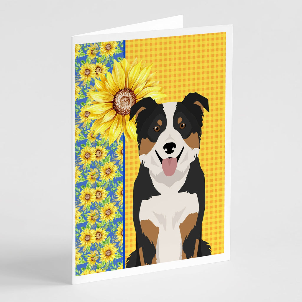 Summer Sunflowers Tricolor Border Collie Greeting Cards Pack of 8 Blank Cards with Envelopes Whimsical A7 Size 5x7
