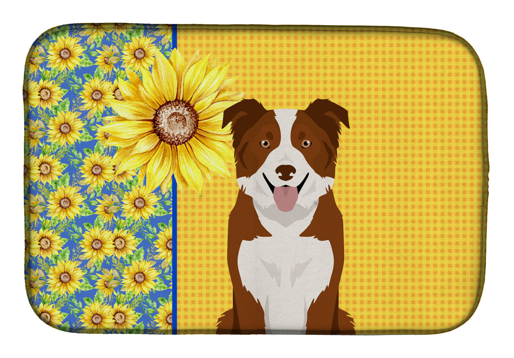 Summer Sunflowers Red and White Border Collie Dish Drying Mat Absorbent Dish Drying Mat Pad for Kitchen Counter Dish Drainer Mat for Countertop, 14 x 21", Multicolor