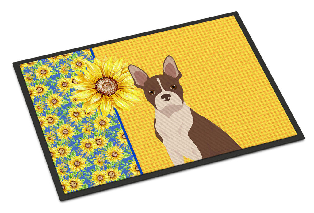 Summer Sunflowers Red Boston Terrier Doormat Indoor Outdoor 24H X 36W Front Door Mat Rugs for Entryway, Non Slip Washable Low Pile,