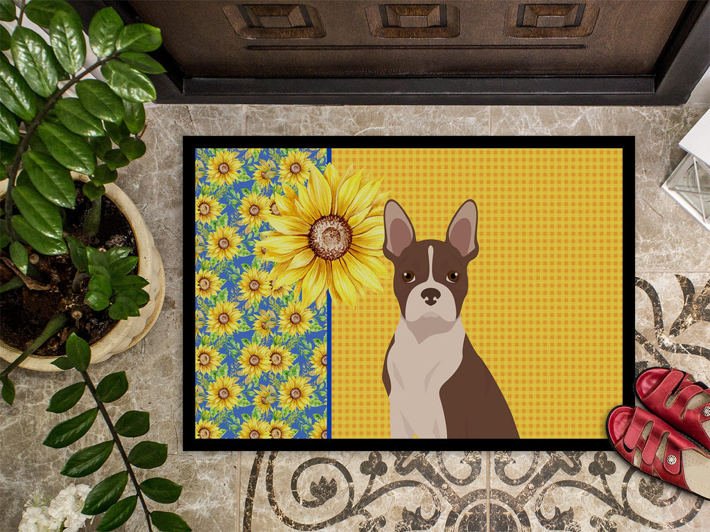 Summer Sunflowers Red Boston Terrier Doormat Indoor Outdoor 18H X 27W Front Door Mat Rugs for Entryway, Non Slip Washable