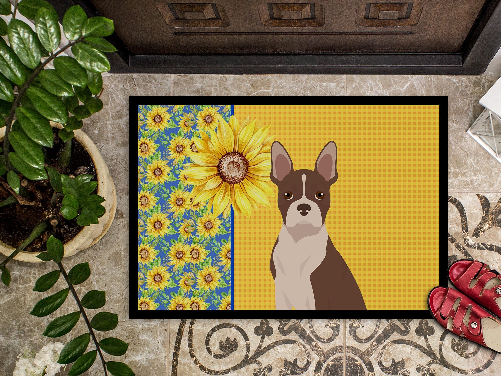 Summer Sunflowers Red Boston Terrier Doormat Indoor Outdoor 18H X 27W Front Door Mat Rugs for Entryway, Non Slip Washable