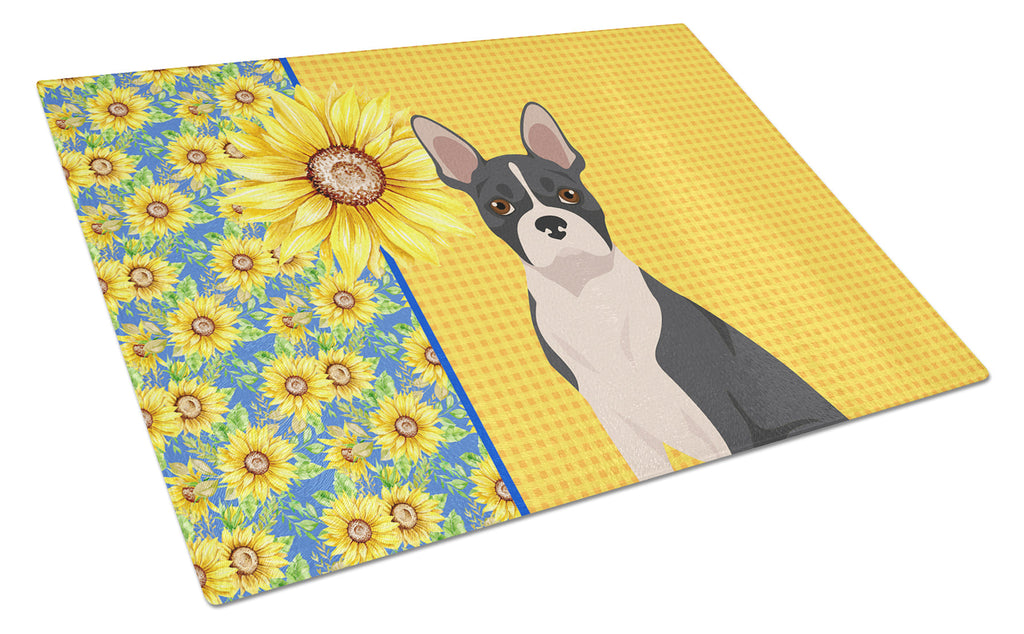 Summer Sunflowers Black Boston Terrier Cutting Board Tempered Glass Kitchen Cutting Surface, Heat Resistant Chopping, Non-Slip Feet, Food Prep & Serving