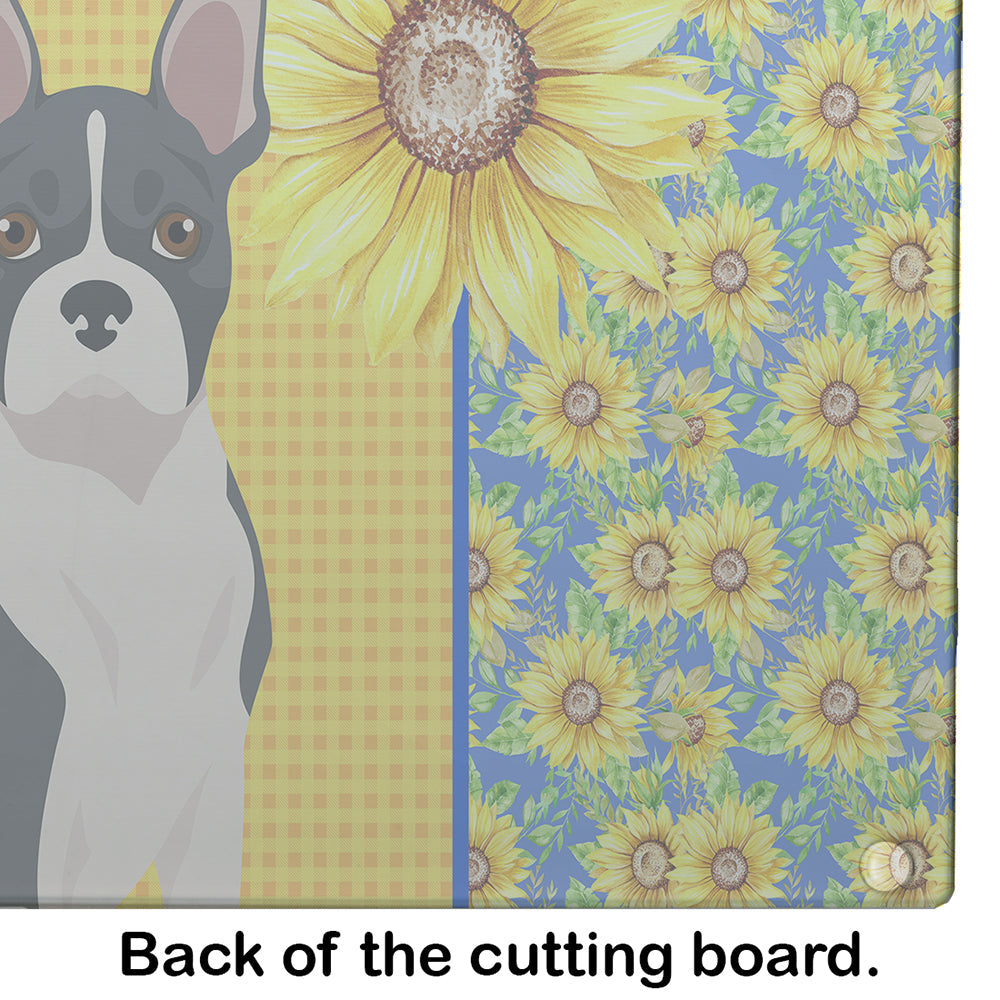 Summer Sunflowers Black Boston Terrier Cutting Board Tempered Glass Kitchen Cutting Surface, Heat Resistant Chopping, Non-Slip Feet, Food Prep & Serving