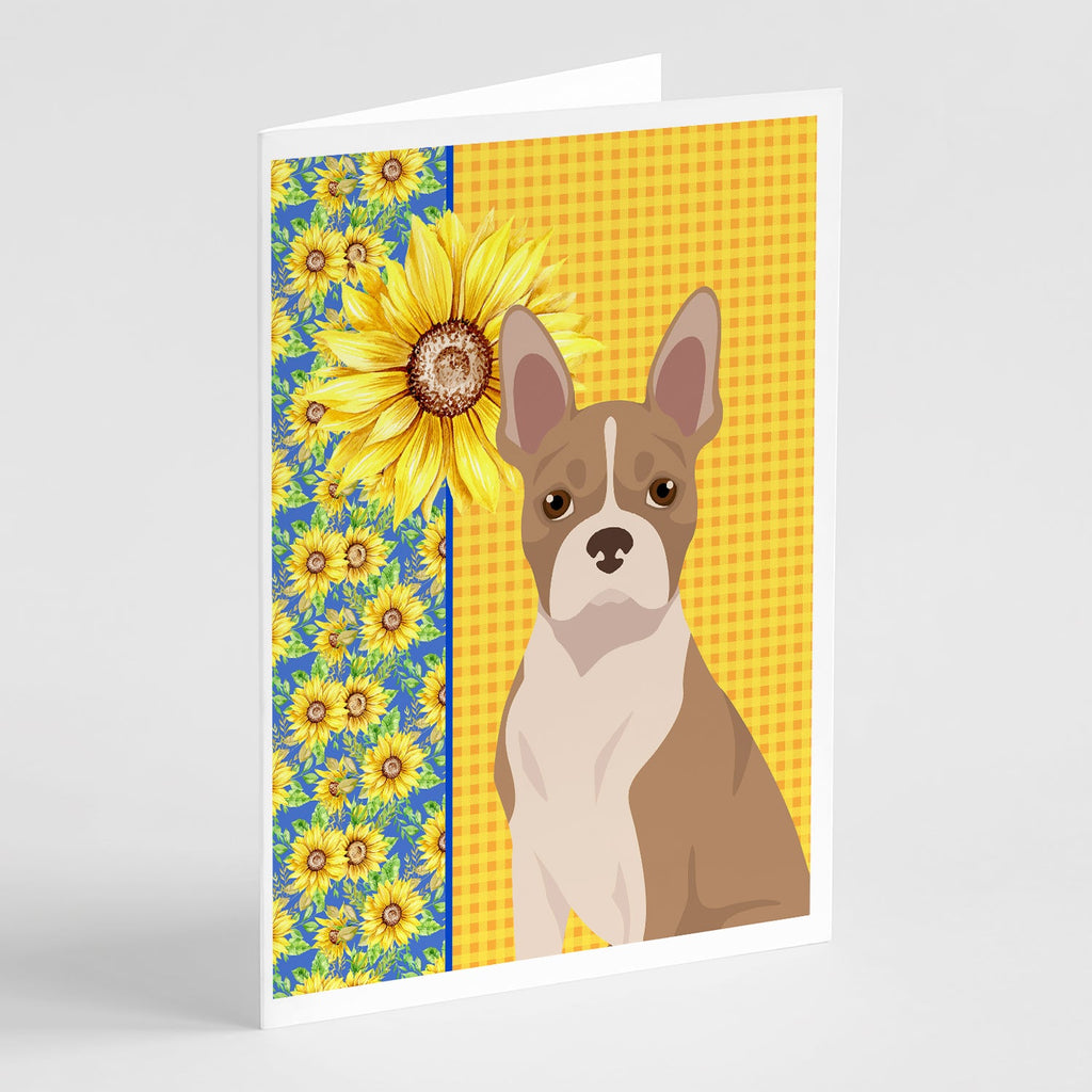 Summer Sunflowers Fawn Boston Terrier Greeting Cards Pack of 8 Blank Cards with Envelopes Whimsical A7 Size 5x7