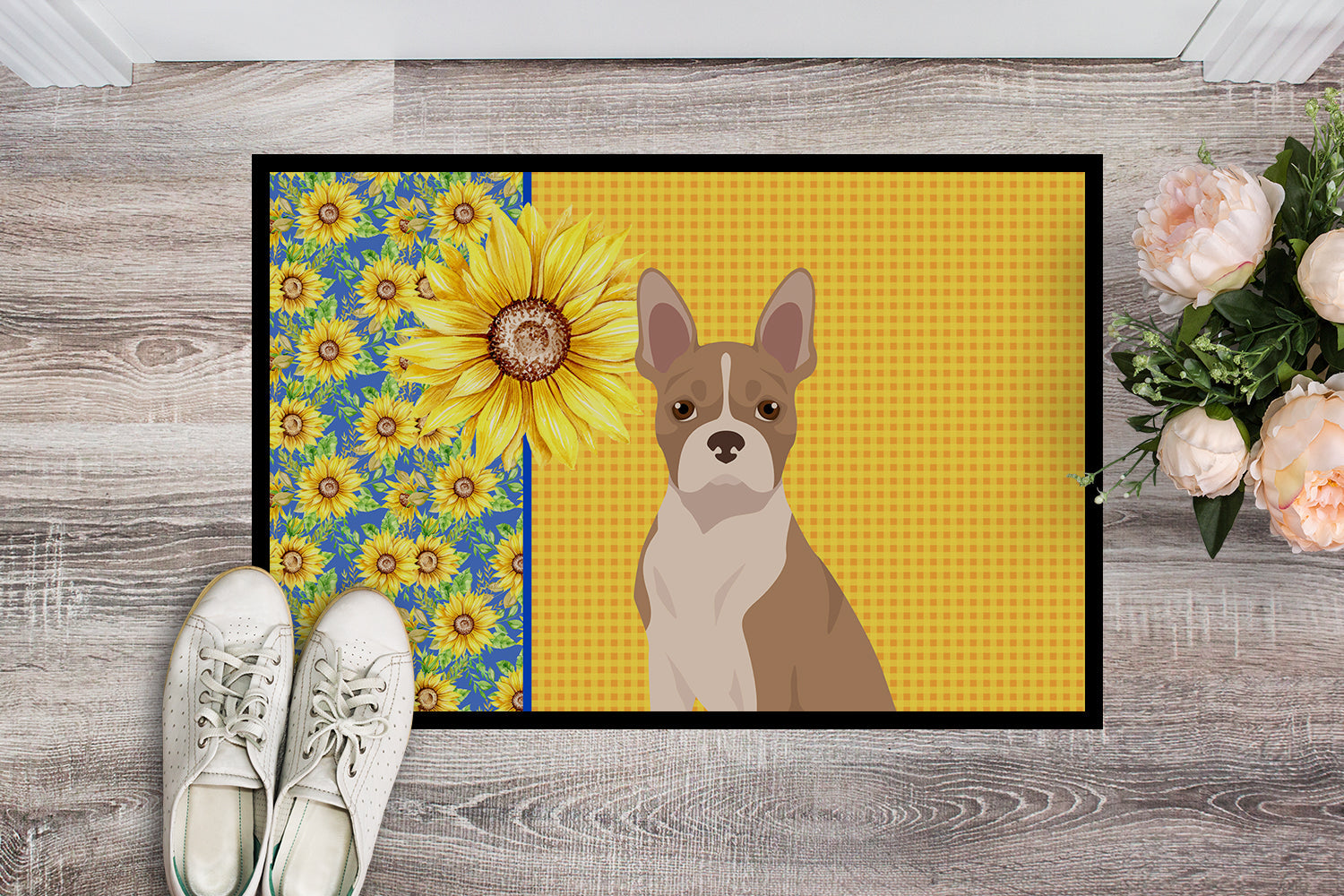 Summer Sunflowers Fawn Boston Terrier Doormat Indoor Outdoor 24H X 36W Front Door Mat Rugs for Entryway, Non Slip Washable Low Pile,