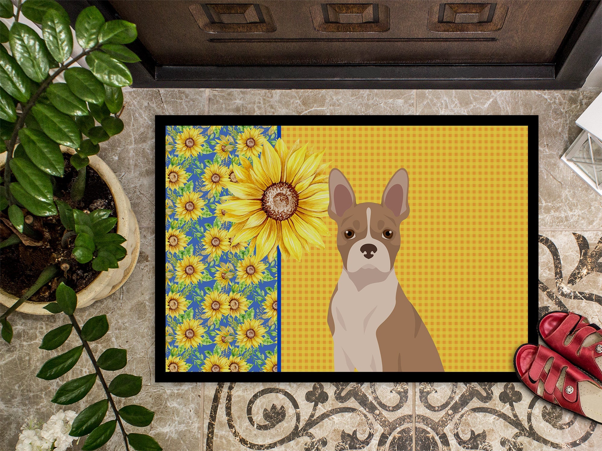 Summer Sunflowers Fawn Boston Terrier Doormat Indoor Outdoor 18H X 27W Front Door Mat Rugs for Entryway, Non Slip Washable