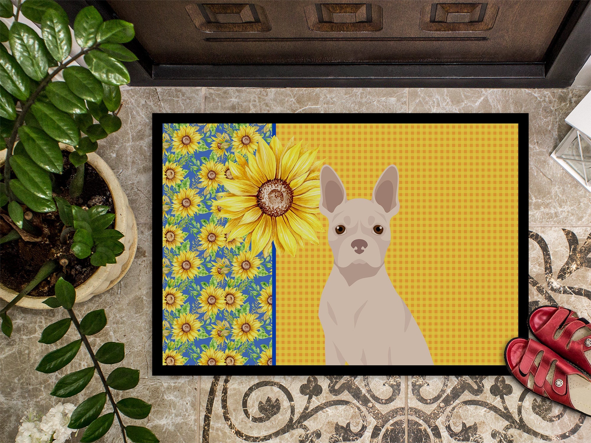 Summer Sunflowers White Boston Terrier Doormat Indoor Outdoor 24H X 36W Front Door Mat Rugs for Entryway, Non Slip Washable Low Pile,