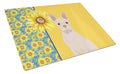Summer Sunflowers White Boston Terrier Cutting Board Tempered Glass Kitchen Cutting Surface, Heat Resistant Chopping, Non-Slip Feet, Food Prep & Serving