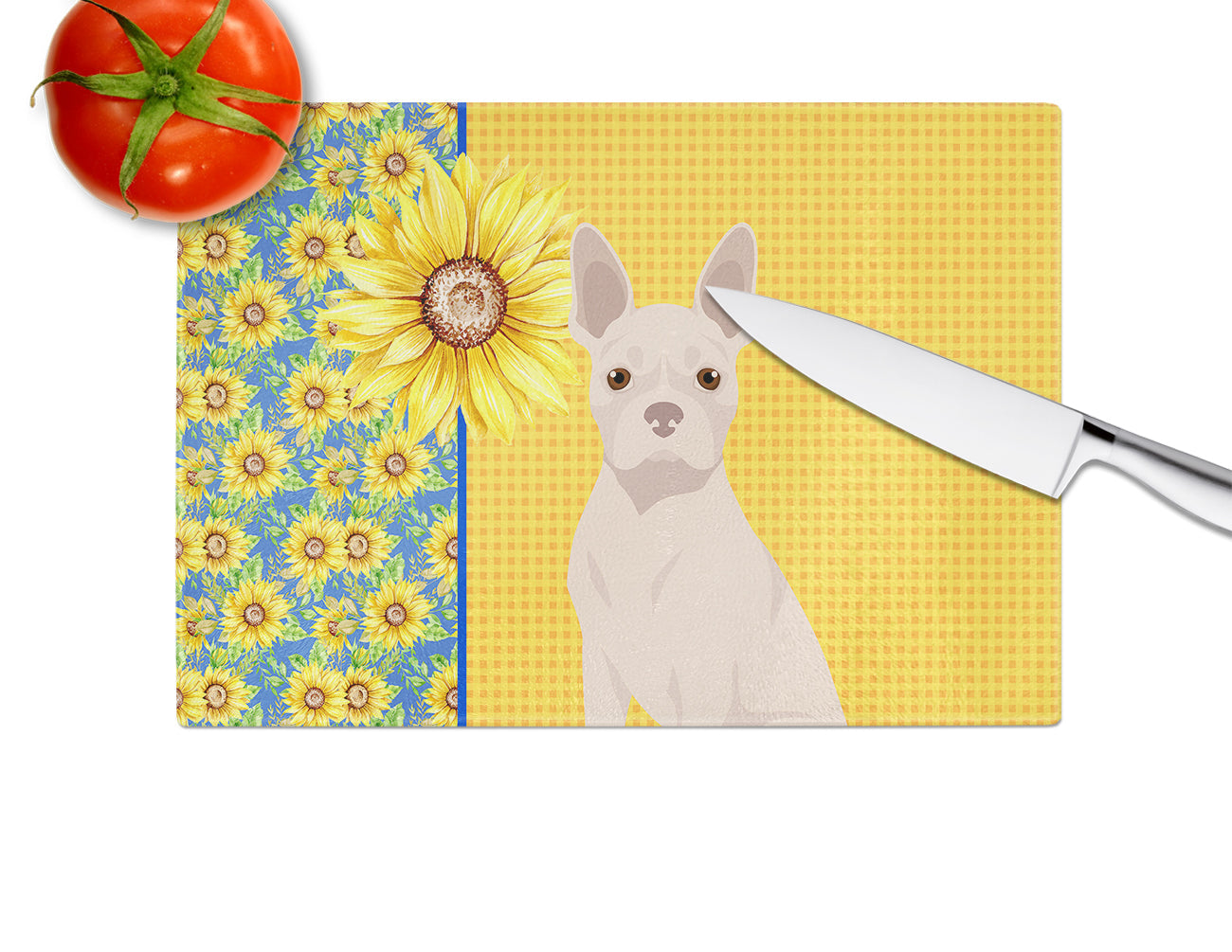Summer Sunflowers White Boston Terrier Cutting Board Tempered Glass Kitchen Cutting Surface, Heat Resistant Chopping, Non-Slip Feet, Food Prep & Serving