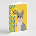 Summer Sunflowers Blue Boston Terrier Greeting Cards Pack of 8 Blank Cards with Envelopes Whimsical A7 Size 5x7