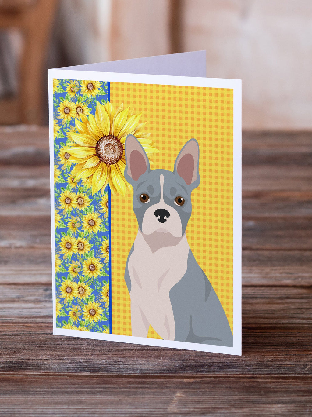 Summer Sunflowers Blue Boston Terrier Greeting Cards Pack of 8 Blank Cards with Envelopes Whimsical A7 Size 5x7