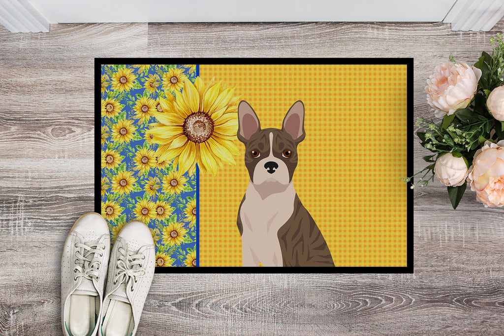 Summer Sunflowers Brindle Boston Terrier Doormat Indoor Outdoor 24H X 36W Front Door Mat Rugs for Entryway, Non Slip Washable Low Pile,