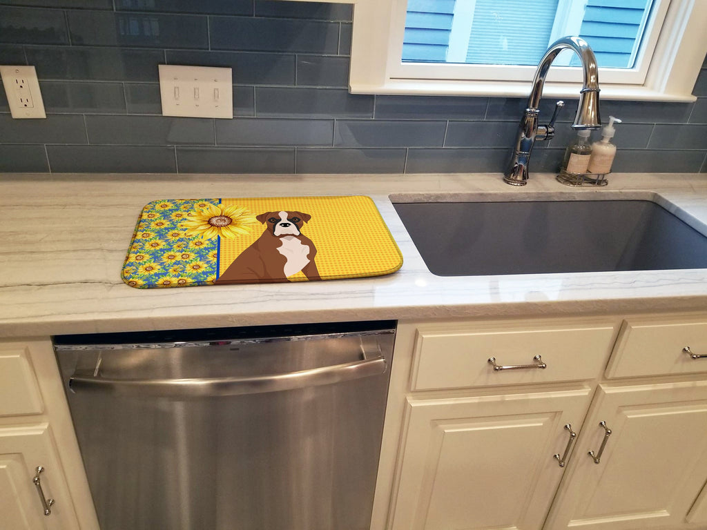 Summer Sunflowers Natural Eared Red Fawn Boxer Dish Drying Mat Absorbent Dish Drying Mat Pad for Kitchen Counter Dish Drainer Mat for Countertop, 14 x 21", Multicolor