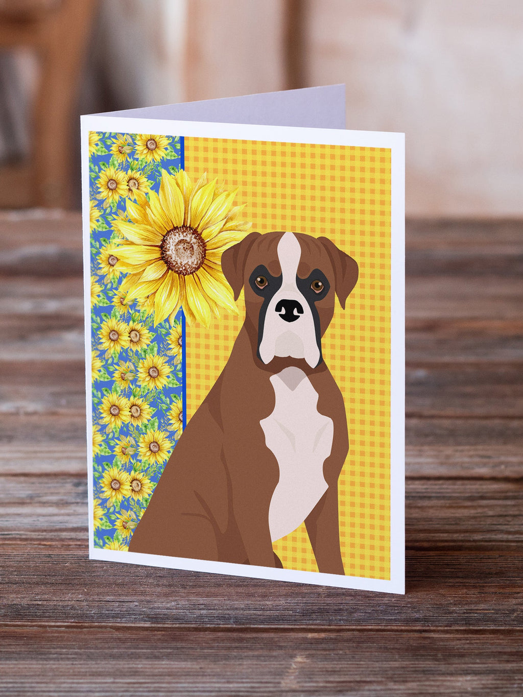 Summer Sunflowers Natural Eared Red Fawn Boxer Greeting Cards Pack of 8 Blank Cards with Envelopes Whimsical A7 Size 5x7