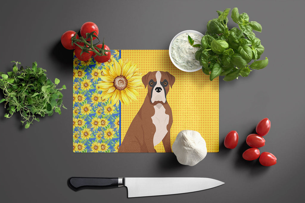 Summer Sunflowers Natural Eared Red Fawn Boxer Cutting Board Tempered Glass Kitchen Cutting Surface, Heat Resistant Chopping, Non-Slip Feet, Food Prep & Serving