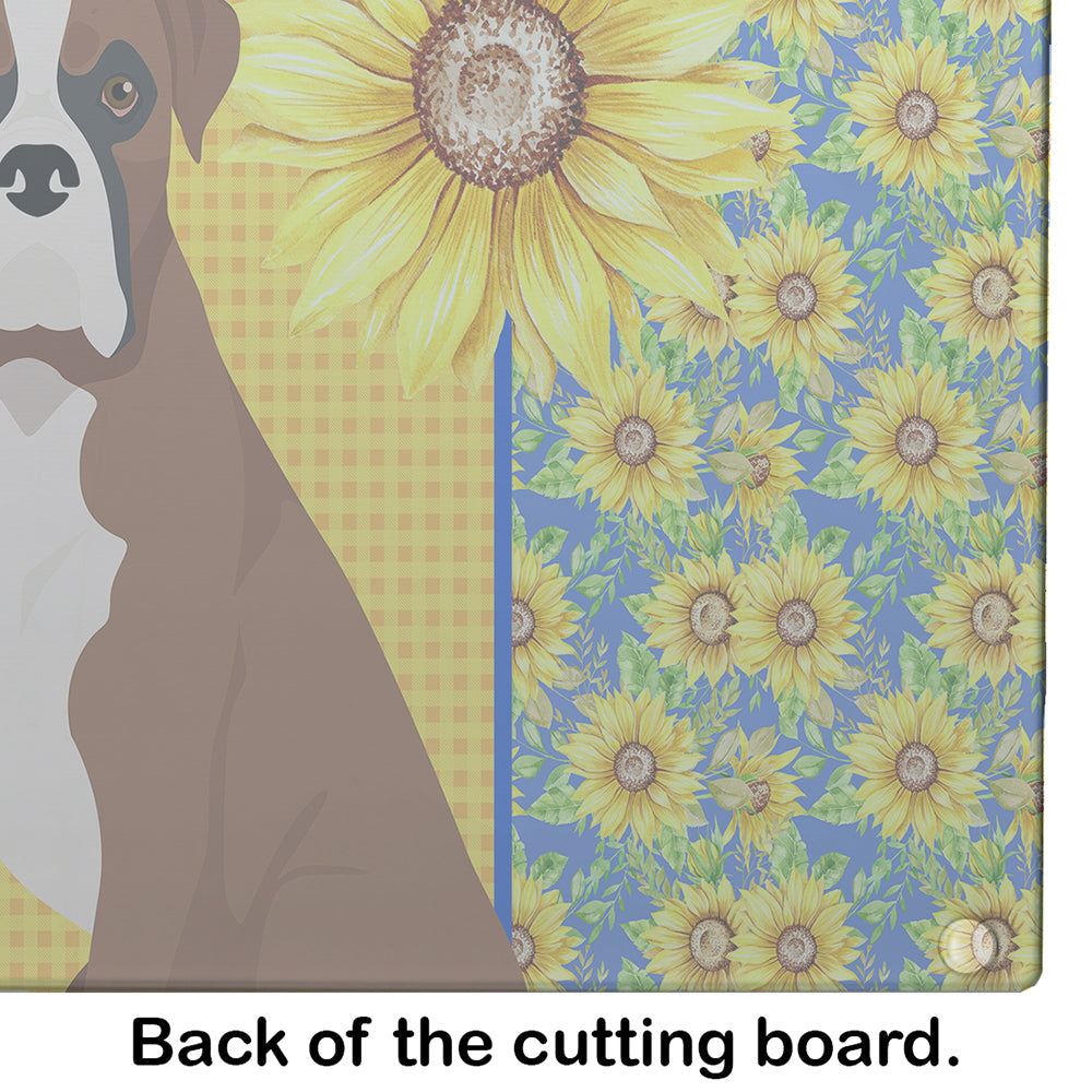 Summer Sunflowers Natural Eared Red Fawn Boxer Cutting Board Tempered Glass Kitchen Cutting Surface, Heat Resistant Chopping, Non-Slip Feet, Food Prep & Serving