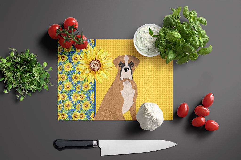 Summer Sunflowers Natural Eared Fawn Boxer Cutting Board Tempered Glass Kitchen Cutting Surface, Heat Resistant Chopping, Non-Slip Feet, Food Prep & Serving