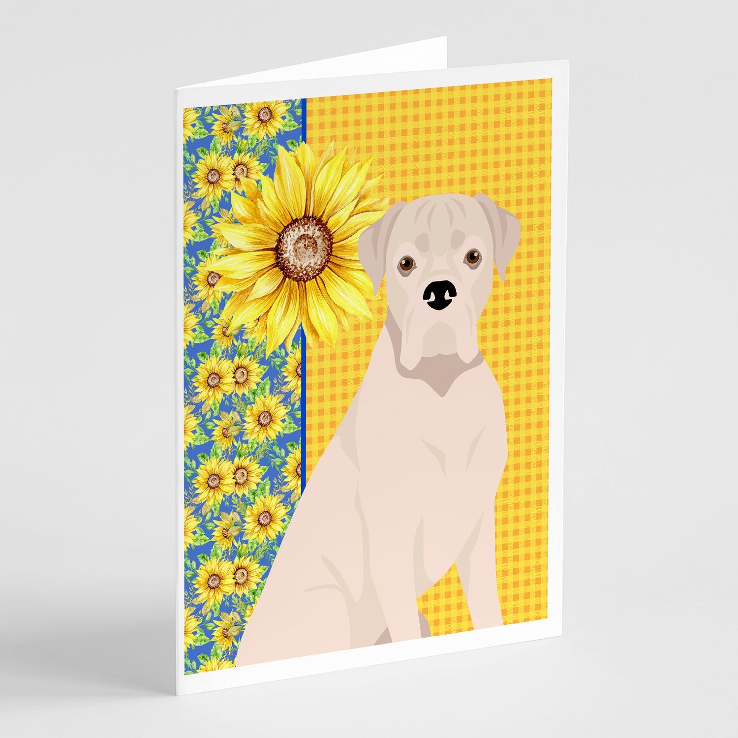 Summer Sunflowers Natural Eared White Boxer Greeting Cards Pack of 8 Blank Cards with Envelopes Whimsical A7 Size 5x7