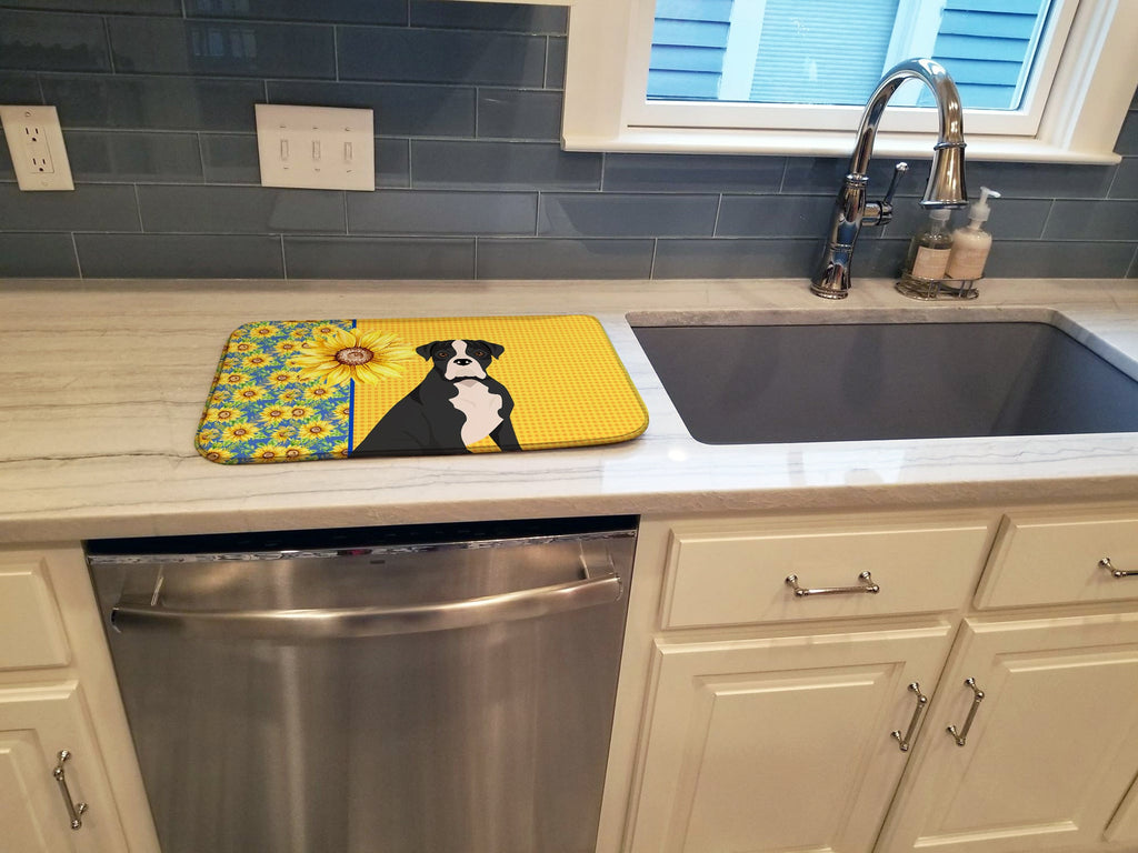 Summer Sunflowers Natural Eared Black Boxer Dish Drying Mat Absorbent Dish Drying Mat Pad for Kitchen Counter Dish Drainer Mat for Countertop, 14 x 21", Multicolor
