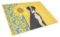 Summer Sunflowers Natural Eared Black Boxer Cutting Board Tempered Glass Kitchen Cutting Surface, Heat Resistant Chopping, Non-Slip Feet, Food Prep & Serving