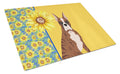 Summer Sunflowers Red Brindle Boxer Cutting Board Tempered Glass Kitchen Cutting Surface, Heat Resistant Chopping, Non-Slip Feet, Food Prep & Serving
