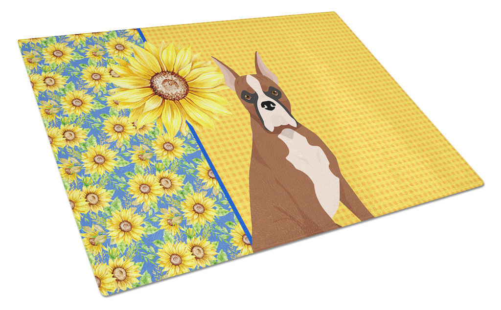 Summer Sunflowers Red Fawn Boxer Cutting Board Tempered Glass Kitchen Cutting Surface, Heat Resistant Chopping, Non-Slip Feet, Food Prep & Serving