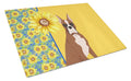 Summer Sunflowers Red Fawn Boxer Cutting Board Tempered Glass Kitchen Cutting Surface, Heat Resistant Chopping, Non-Slip Feet, Food Prep & Serving