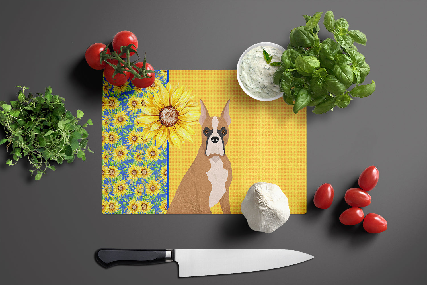 Summer Sunflowers Fawn Boxer Cutting Board Tempered Glass Kitchen Cutting Surface, Heat Resistant Chopping, Non-Slip Feet, Food Prep & Serving