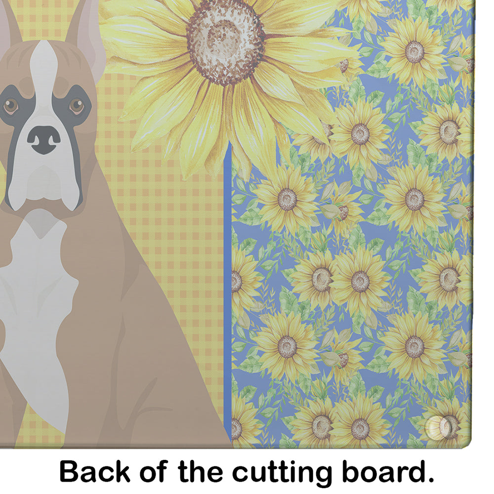 Summer Sunflowers Fawn Boxer Cutting Board Tempered Glass Kitchen Cutting Surface, Heat Resistant Chopping, Non-Slip Feet, Food Prep & Serving