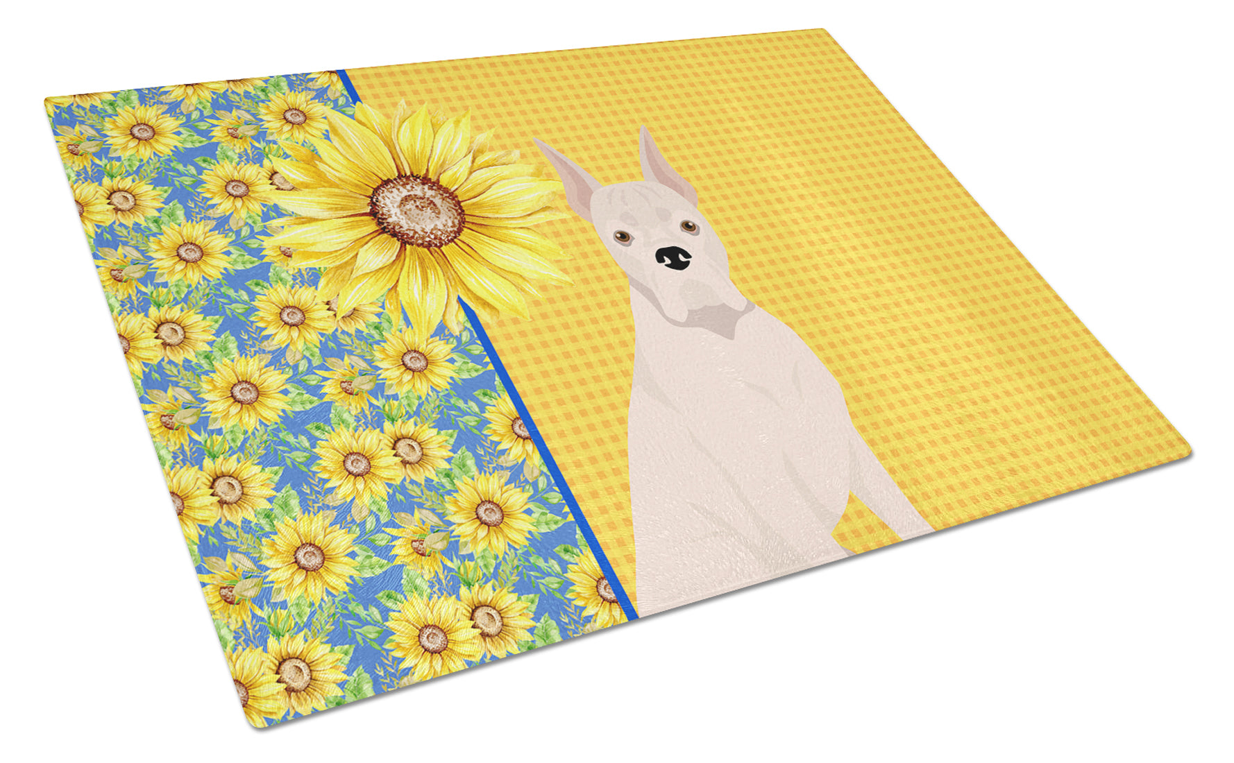 Summer Sunflowers White Boxer Cutting Board Tempered Glass Kitchen Cutting Surface, Heat Resistant Chopping, Non-Slip Feet, Food Prep & Serving