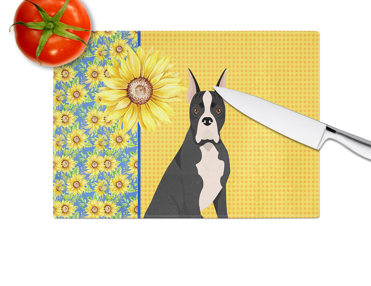 Summer Sunflowers Black Boxer Cutting Board Tempered Glass Kitchen Cutting Surface, Heat Resistant Chopping, Non-Slip Feet, Food Prep & Serving