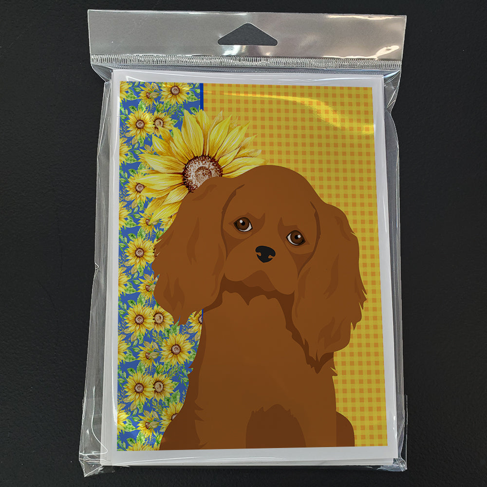 Summer Sunflowers Ruby Cavalier Spaniel Greeting Cards Pack of 8 Blank Cards with Envelopes Whimsical A7 Size 5x7