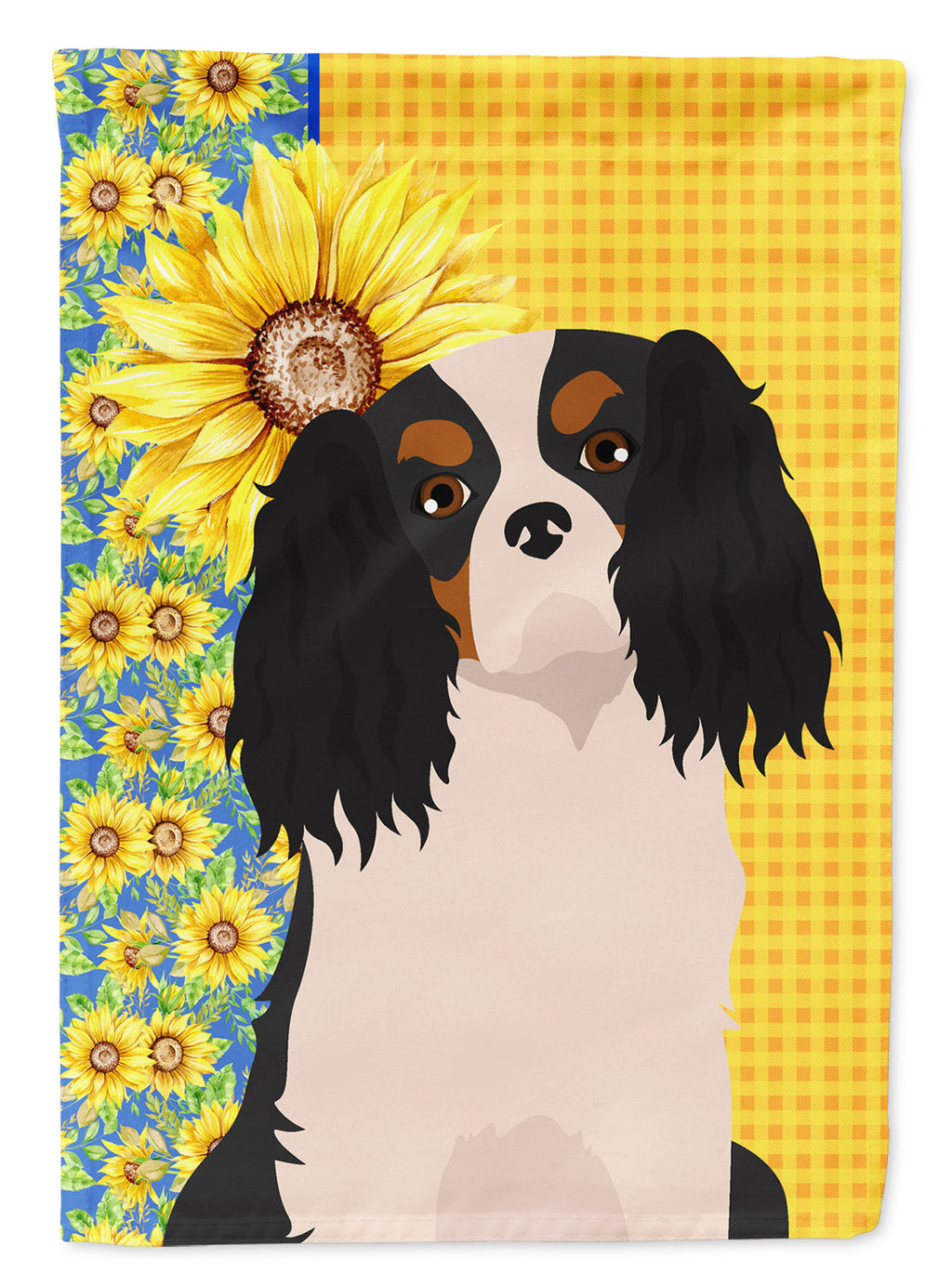 Summer Sunflowers Tricolor Cavalier Spaniel House Flag 28x40 Porch Sleeve Pole Decorative Outside Yard Banner Artwork Wall Hanging, Polyester