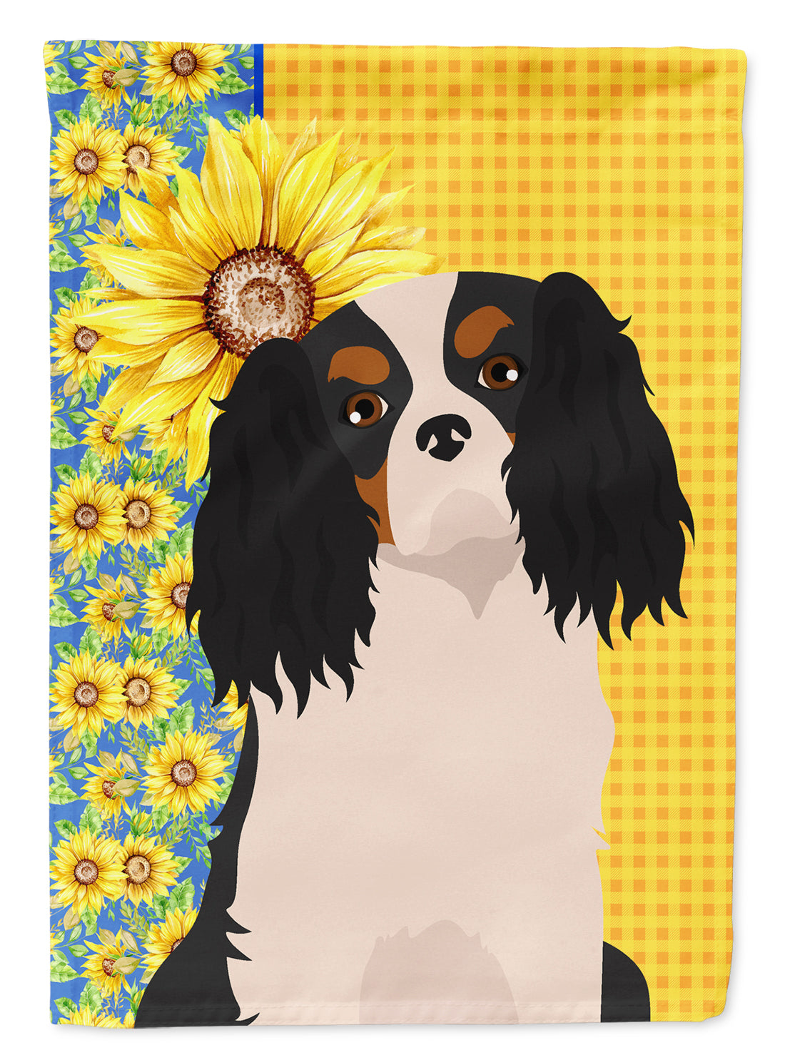 Summer Sunflowers Tricolor Cavalier Spaniel House Flag 28x40 Porch Sleeve Pole Decorative Outside Yard Banner Artwork Wall Hanging, Polyester
