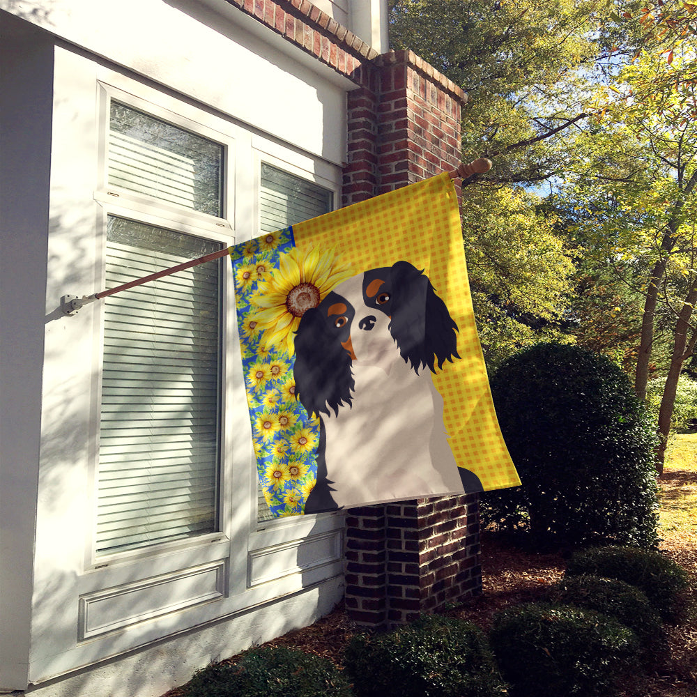 Summer Sunflowers Tricolor Cavalier Spaniel House Flag 28x40 Porch Sleeve Pole Decorative Outside Yard Banner Artwork Wall Hanging, Polyester