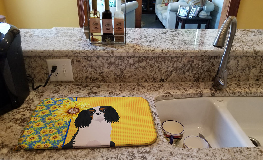 Summer Sunflowers Tricolor Cavalier Spaniel Dish Drying Mat Absorbent Dish Drying Mat Pad for Kitchen Counter Dish Drainer Mat for Countertop, 14 x 21", Multicolor