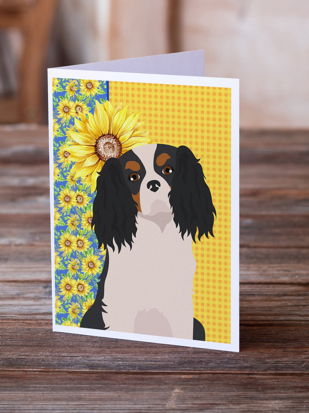 Summer Sunflowers Tricolor Cavalier Spaniel Greeting Cards Pack of 8 Blank Cards with Envelopes Whimsical A7 Size 5x7