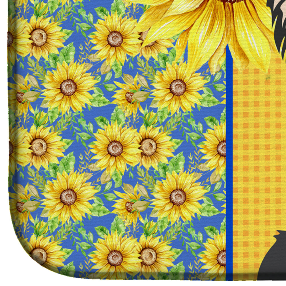 Summer Sunflowers Longhaired Black and White Chihuahua Dish Drying Mat Absorbent Dish Drying Mat Pad for Kitchen Counter Dish Drainer Mat for Countertop, 14 x 21", Multicolor