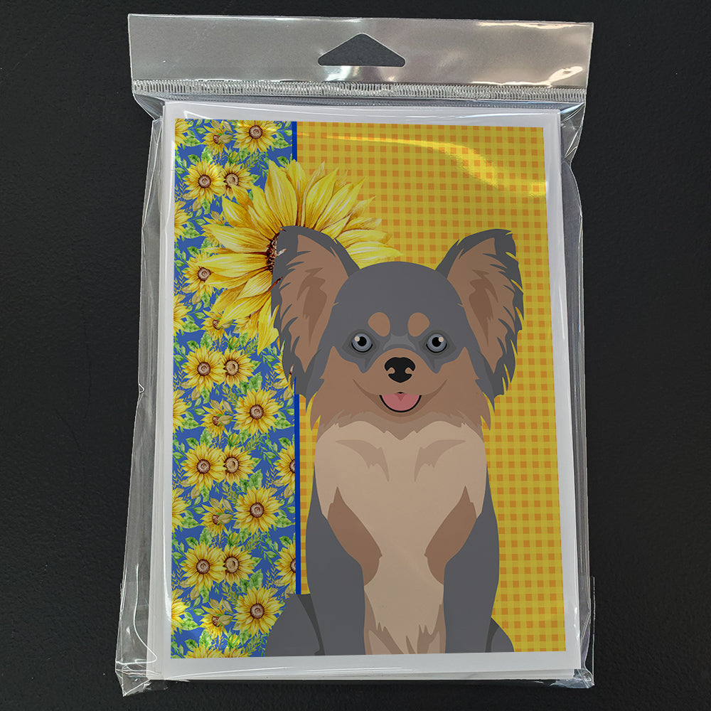 Summer Sunflowers Longhaired Blue and Tan Chihuahua Greeting Cards Pack of 8 Blank Cards with Envelopes Whimsical A7 Size 5x7