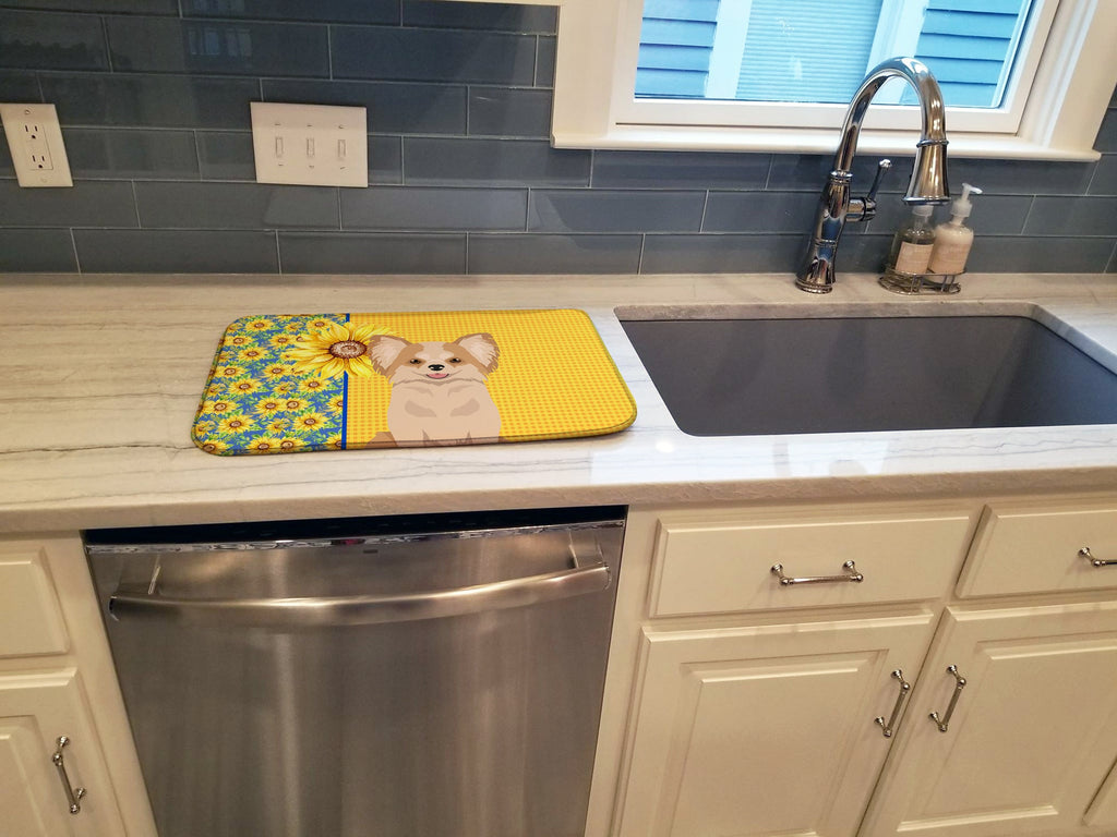 Summer Sunflowers Longhaired Gold and White Chihuahua Dish Drying Mat Absorbent Dish Drying Mat Pad for Kitchen Counter Dish Drainer Mat for Countertop, 14 x 21", Multicolor
