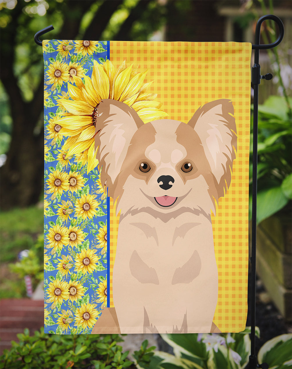 Summer Sunflowers Longhaired Gold and White Chihuahua Garden Flag Mailbox Decorative Yard Banner Outside Patio Artwork for Flower Beds, Garden Size, Multicolor
