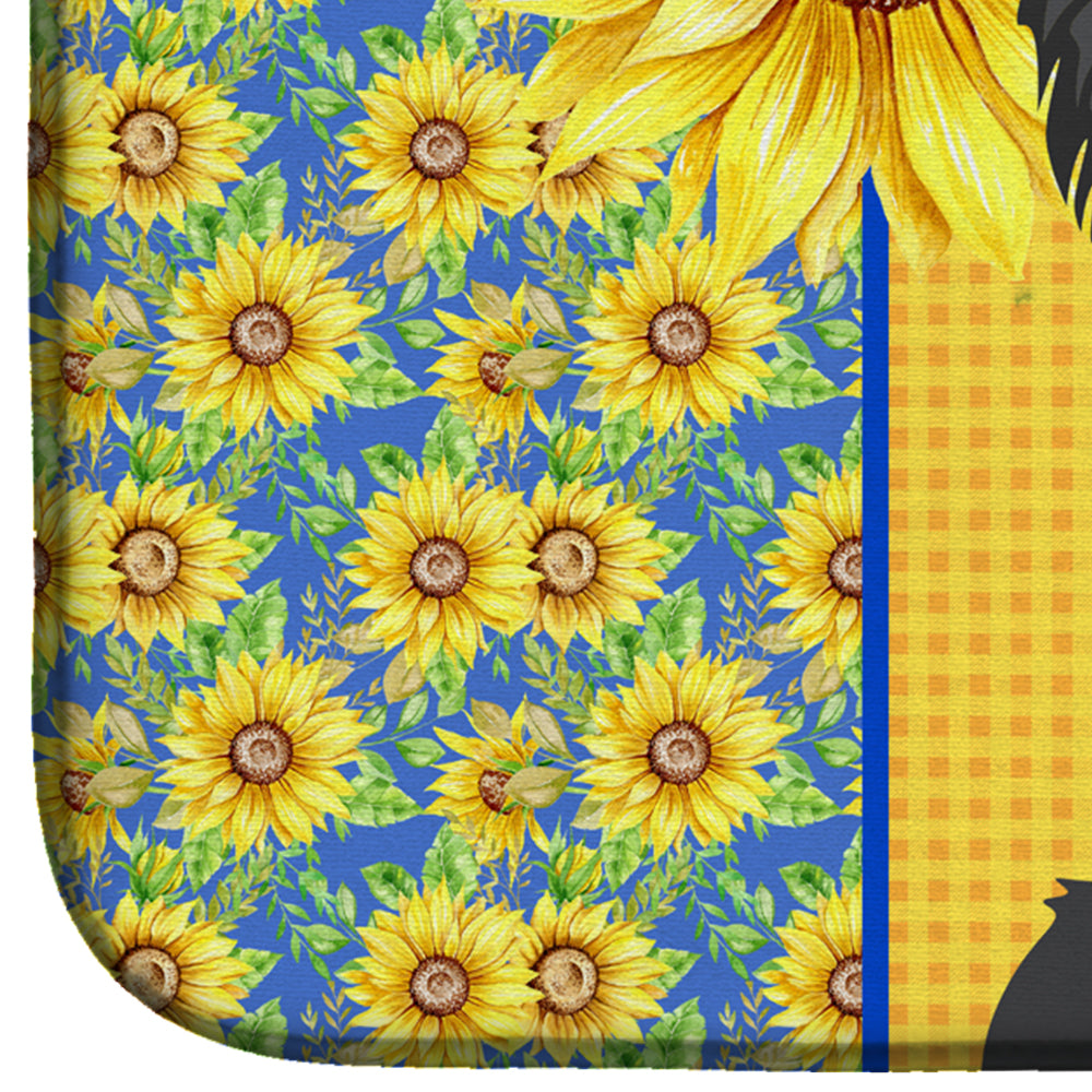 Summer Sunflowers Longhaired Black Chihuahua Dish Drying Mat Absorbent Dish Drying Mat Pad for Kitchen Counter Dish Drainer Mat for Countertop, 14 x 21", Multicolor