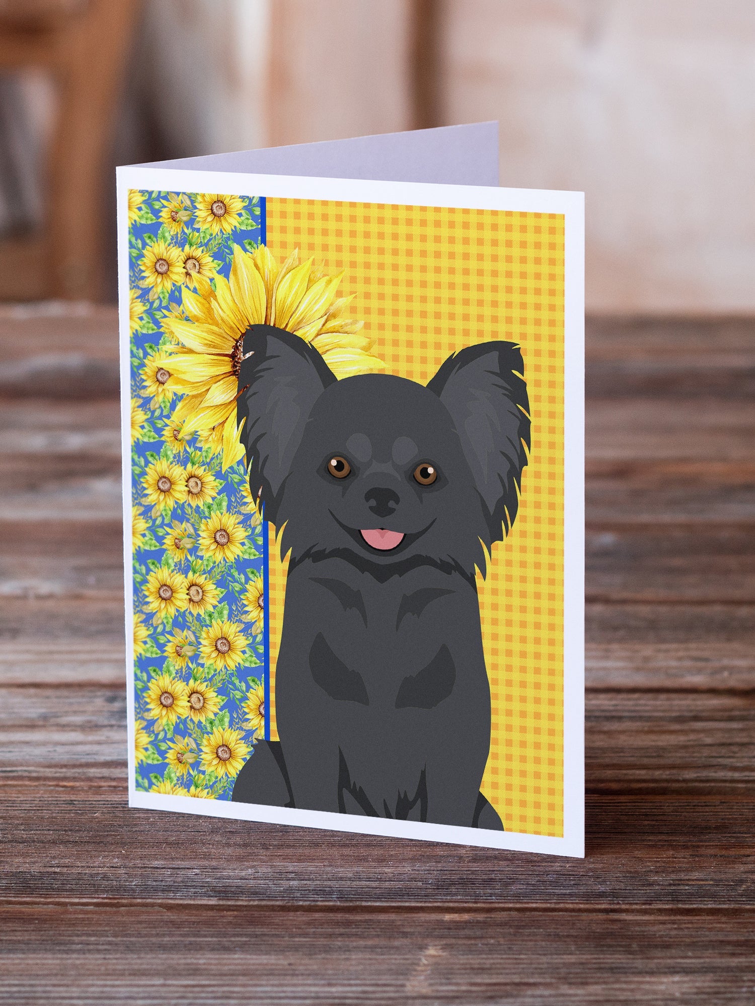 Summer Sunflowers Longhaired Black Chihuahua Greeting Cards Pack of 8 Blank Cards with Envelopes Whimsical A7 Size 5x7