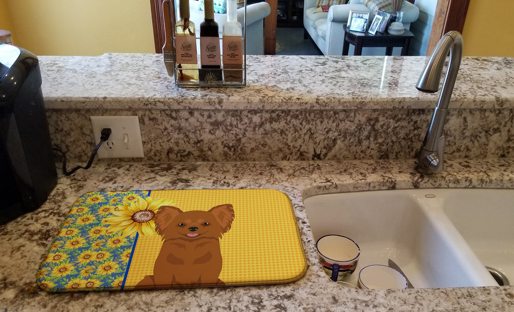 Summer Sunflowers Longhaired Red Chihuahua Dish Drying Mat Absorbent Dish Drying Mat Pad for Kitchen Counter Dish Drainer Mat for Countertop, 14 x 21", Multicolor