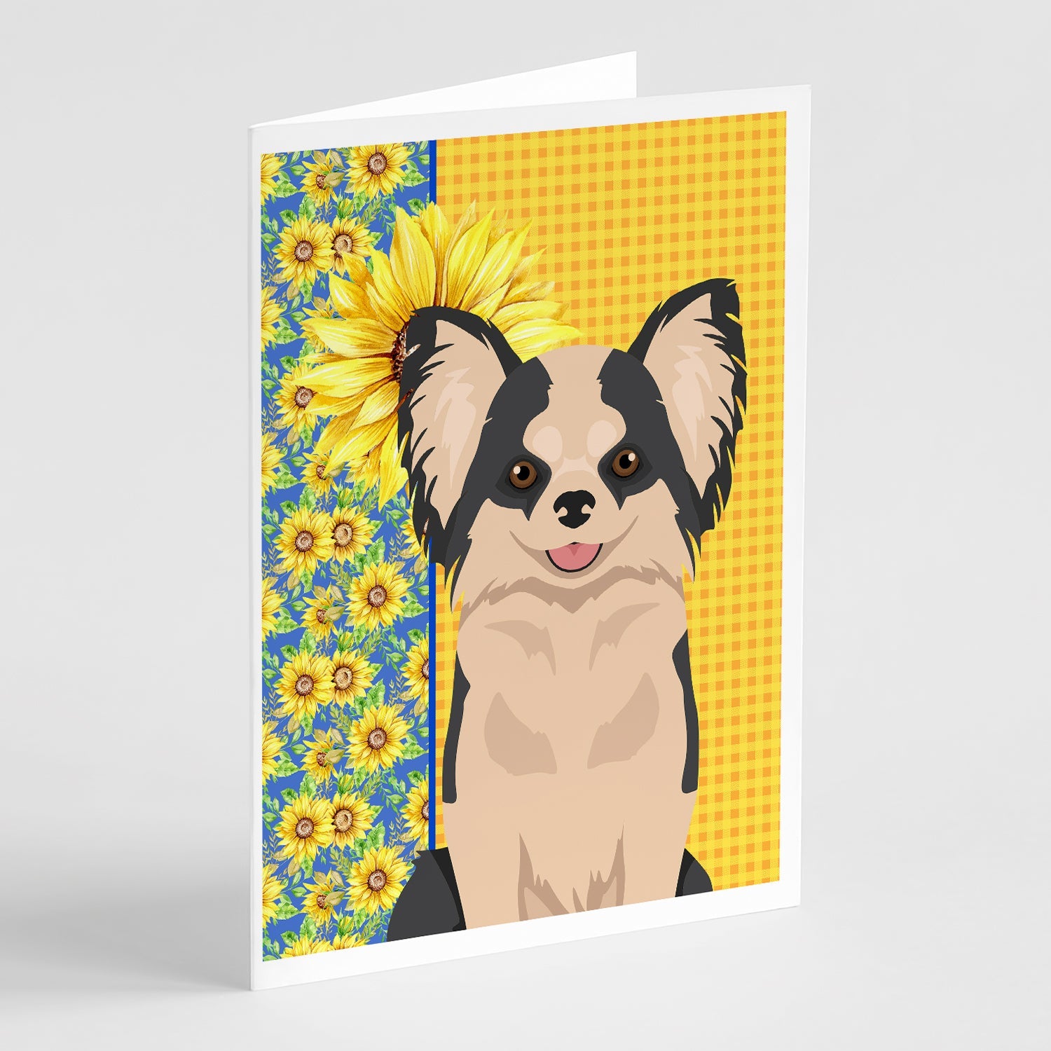 Summer Sunflowers Longhaired Black and White #2 Chihuahua Greeting Cards Pack of 8 Blank Cards with Envelopes Whimsical A7 Size 5x7