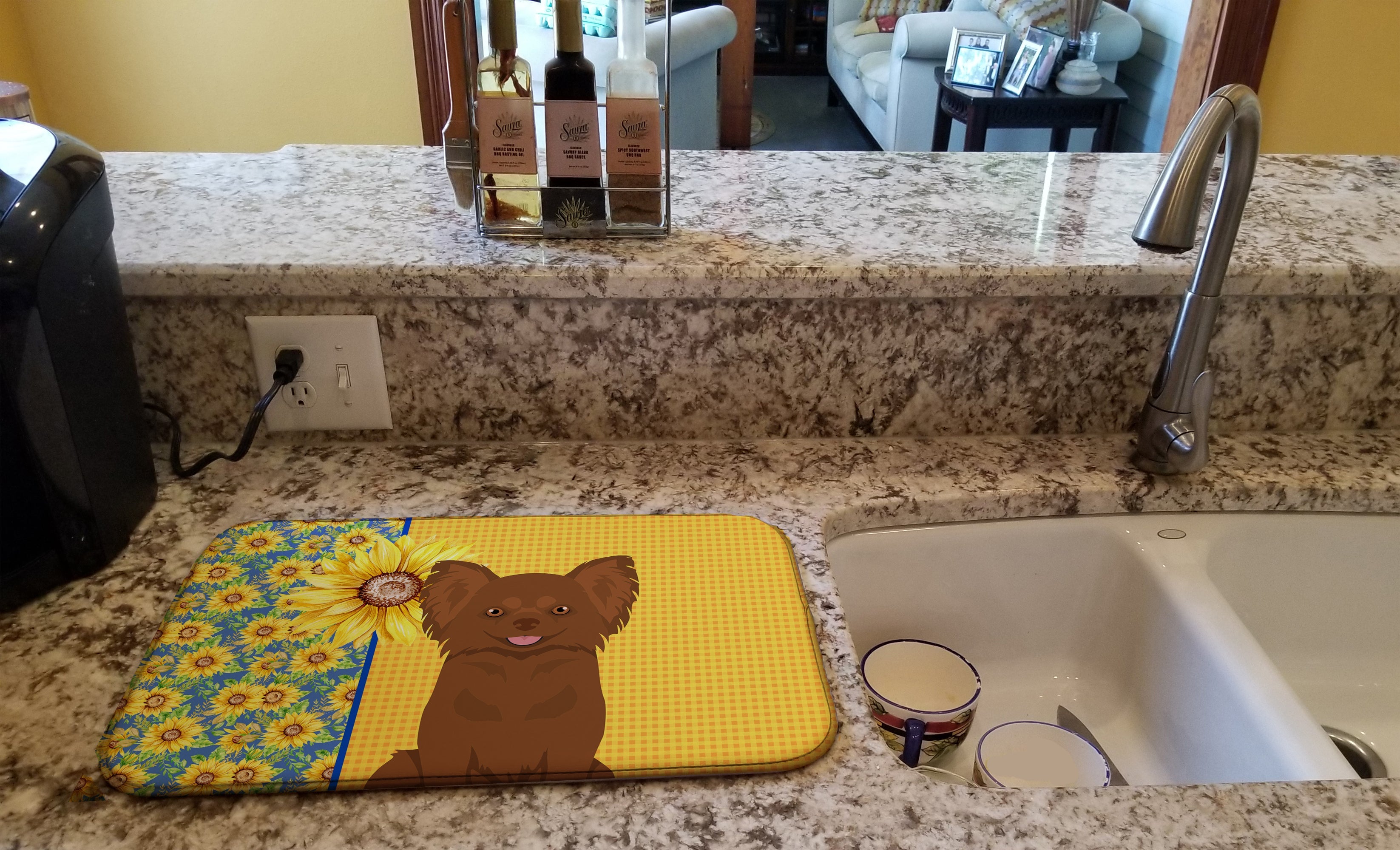 Summer Sunflowers Longhaired Chocolate Chihuahua Dish Drying Mat Absorbent Dish Drying Mat Pad for Kitchen Counter Dish Drainer Mat for Countertop, 14 x 21", Multicolor
